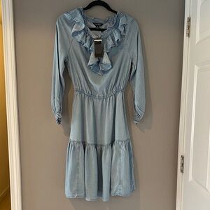 Ralph Lauren Light Blue Ruffle Neck Chambray Dress